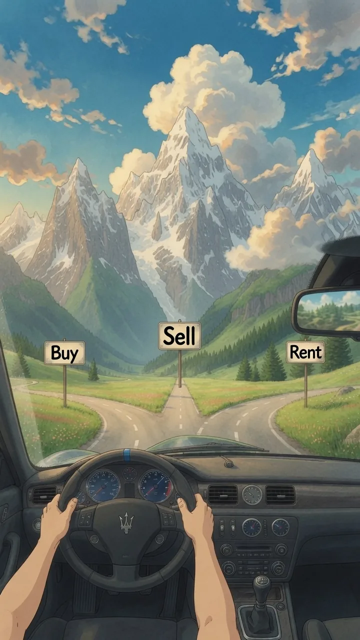 View through a windscreen: three roads with Buy, Sell and Rent signposts