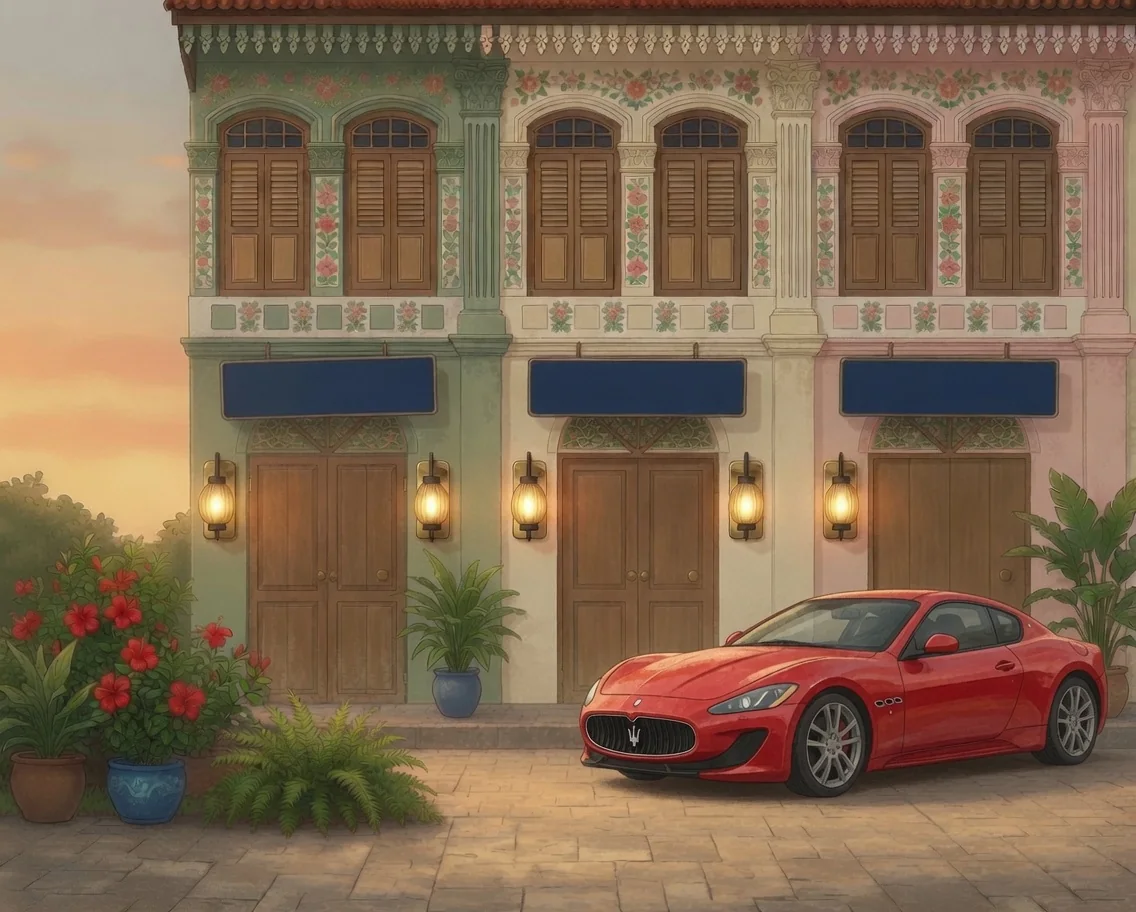 Illustration of three Peranakan shophouses in sage, cream and dusty rose at golden hour, each with a signboard naming an upgrade path