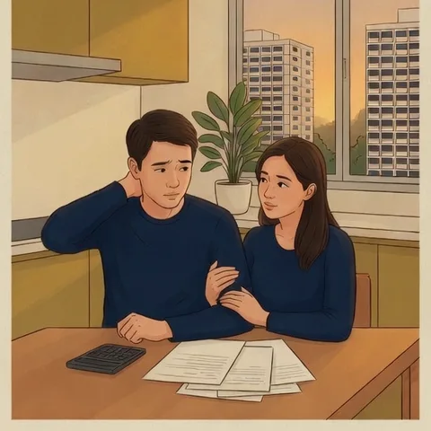 Hand-drawn illustration: a couple at their kitchen table in the evening, going over papers with a calculator