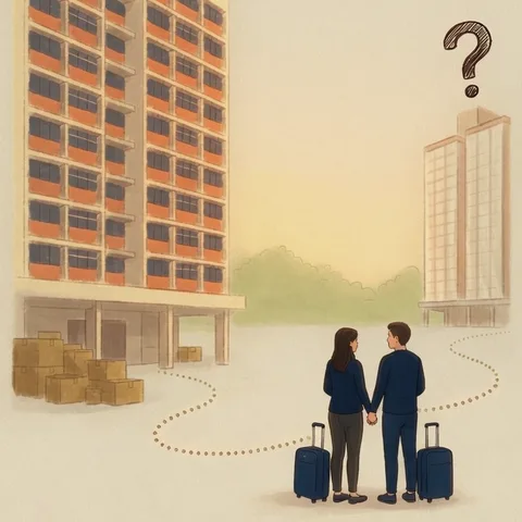 Hand-drawn illustration: a couple with suitcases pausing on a dotted path between their sold HDB block and a faintly sketched next home