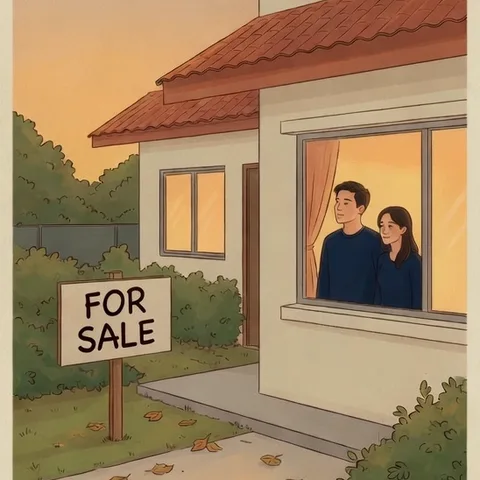 Hand-drawn illustration: a couple at their window watching the for-sale sign outside as fallen leaves gather