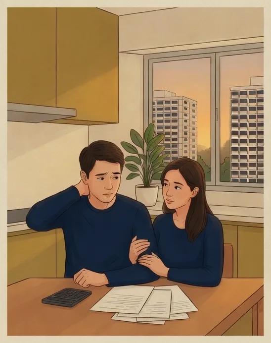 Hand-drawn illustration: a couple at their kitchen table in the evening, going over papers with a calculator