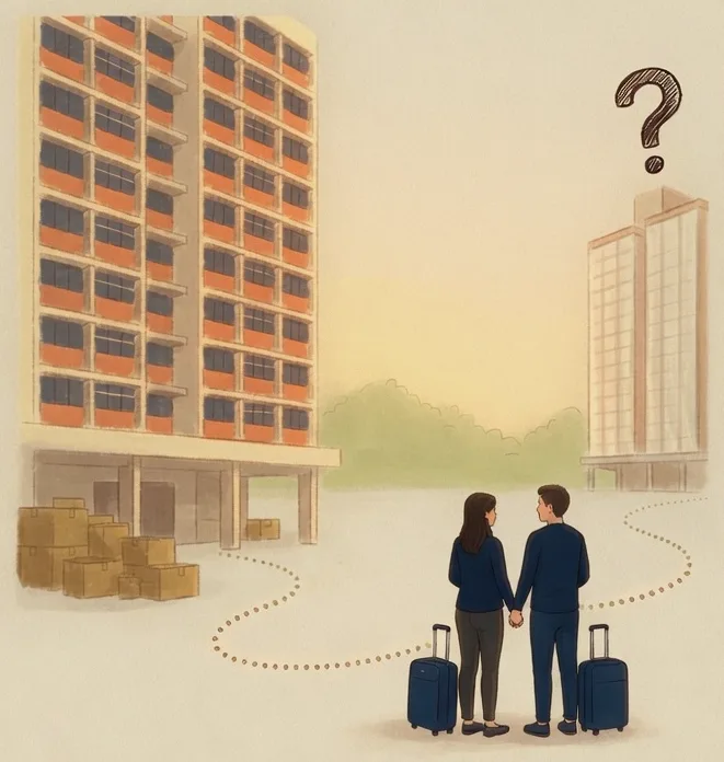 Hand-drawn illustration: a couple with suitcases pausing on a dotted path between their sold HDB block and a faintly sketched next home