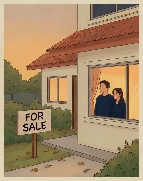 Hand-drawn illustration: a couple at their window watching the for-sale sign outside as fallen leaves gather